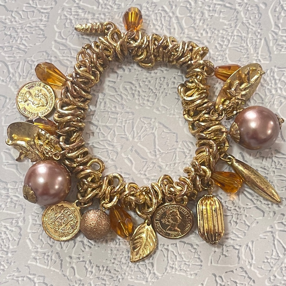 Vintage Charm Bracelet Chunky Stretch Gold Brown and Orange Gorgeous